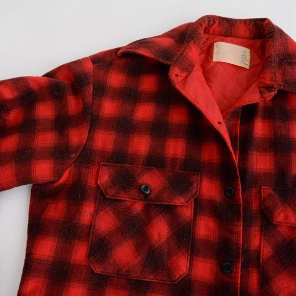 Vintage 70S Red & Black Buffalo Plaid Gorpcore Flannel Lined Button Up Shacket M - Picture 10 of 16